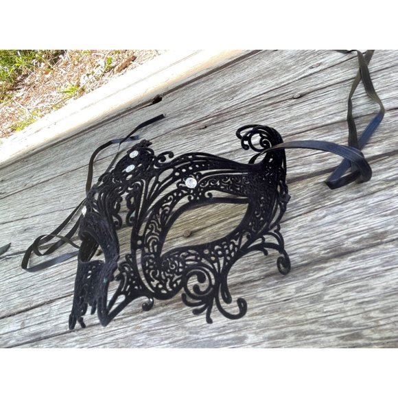 Vintage Metal Velvet Flocked Rhinestone Black Masquerade Mask - Picture 7 of 9